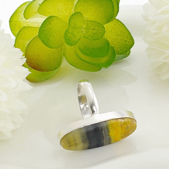 Solid Sterling Silver 925 Bumblebee Jasper Long Ring Size 9 1/4 Boho Southwest - Picture 5 of 8